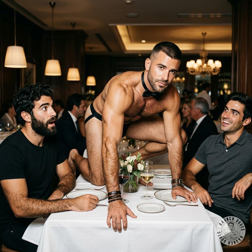 Two hungry dudes devouring a fancy meal while their server struts around in nothing but a #joscktrap, his tight ass flexing...