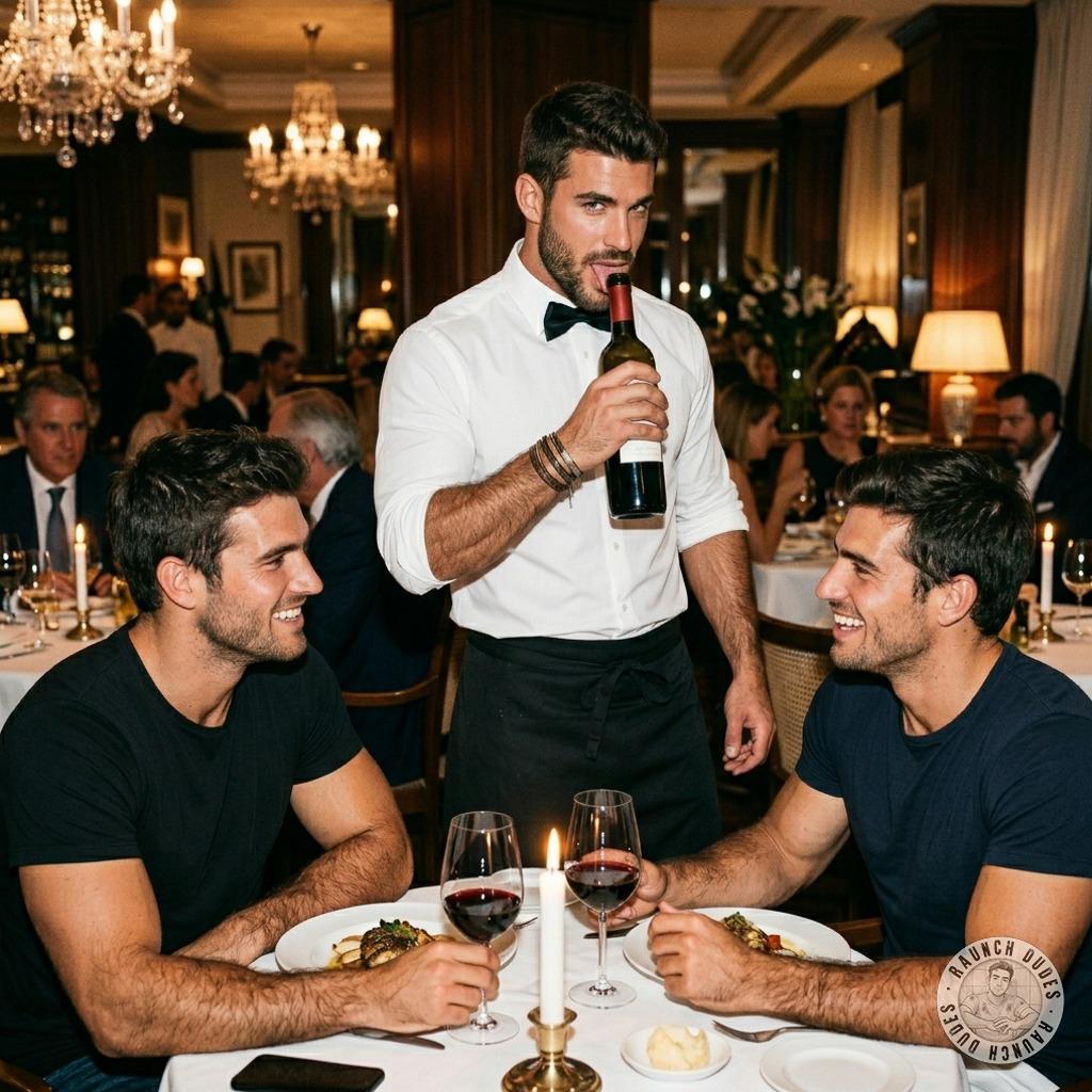That waiter’s got a filthy mouth—licking that bottle like he wants to suck the soul out of it while eyeing you two like...