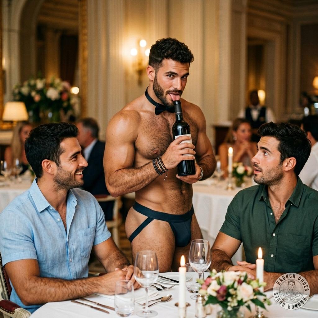 Two hungry queers devouring gourmet plates while that jockstrap waiter struts around in nothing but his tight little sock...