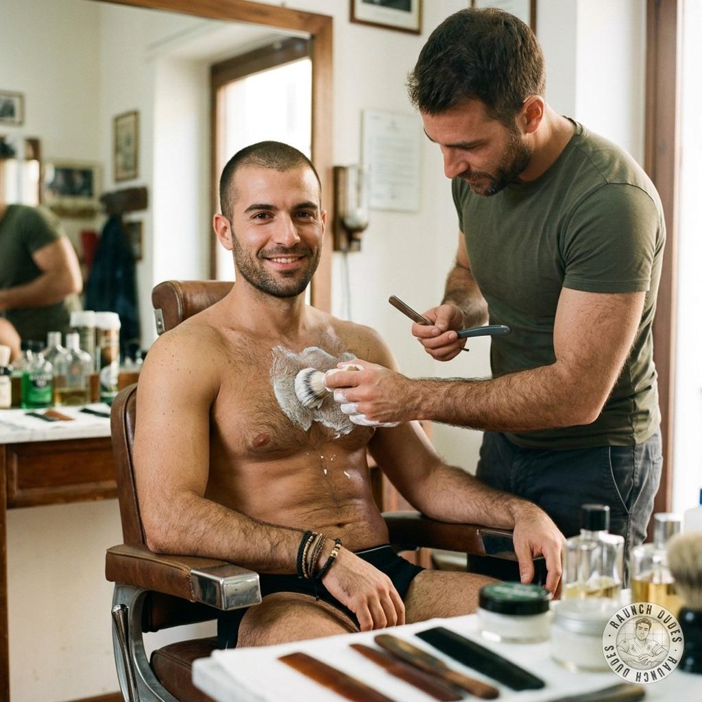 That hairy twink got his furry chest shaved smooth, then moaned like a slut when those rough hands slid over his skin,...