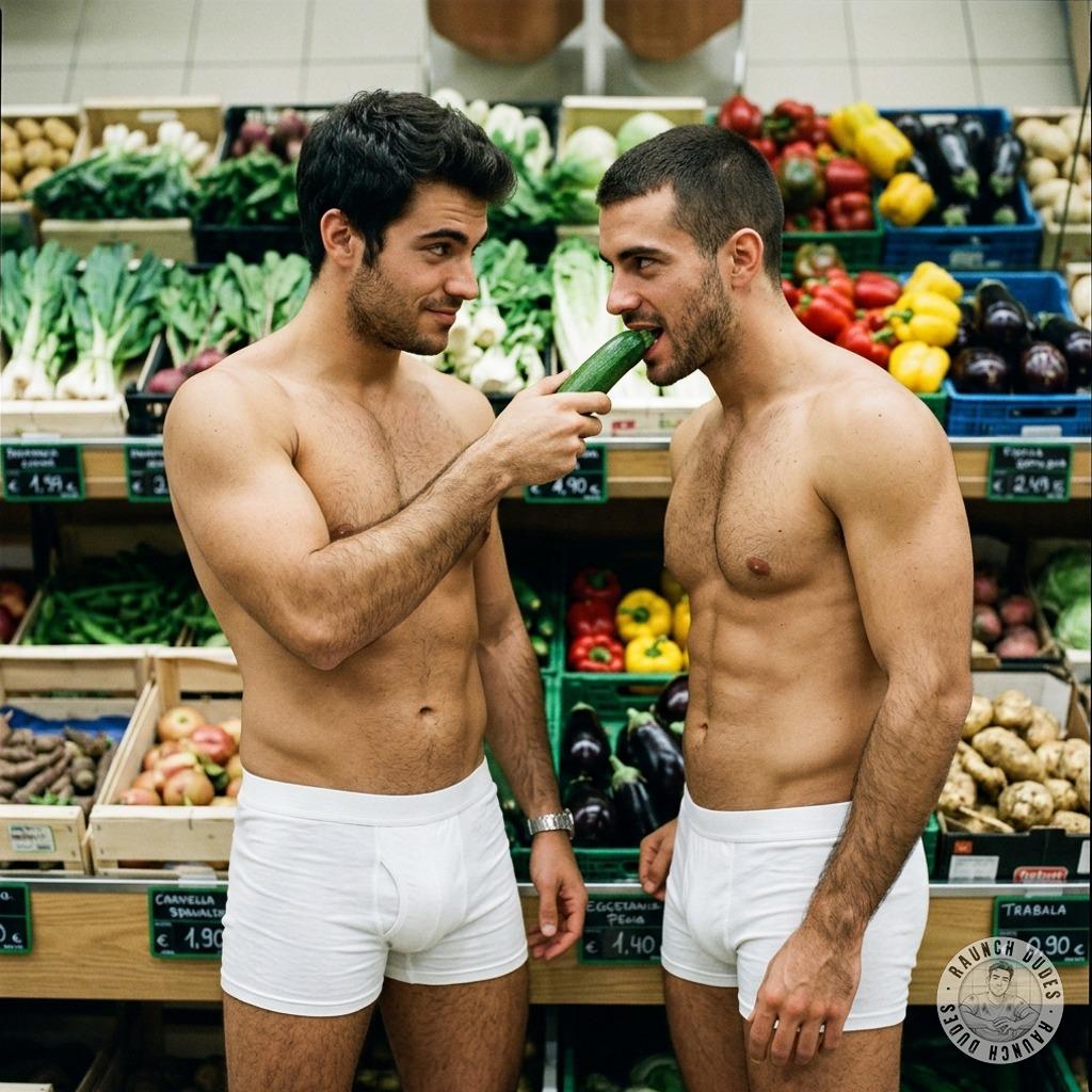 Two filthy queers finger a cucumber in the supermarket aisle, pretending it’s not a dick while their hands get sticky with...