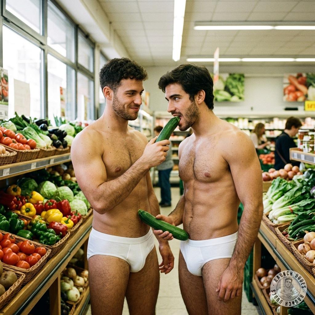Two hungry queers grope cucumbers in the supermarket, squeezing them till they’re slick and swollen #inpublic