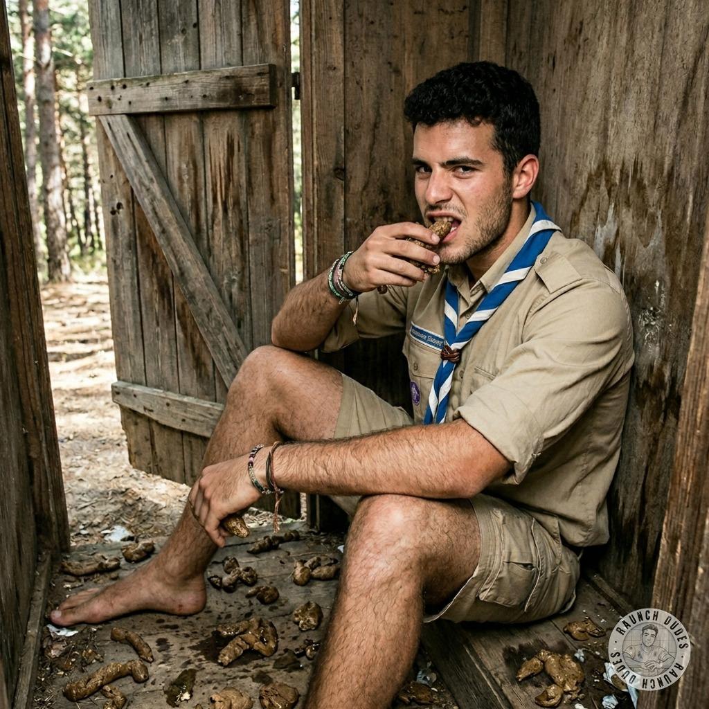 One filthy scout sits in the dirt, shoving that warm, musky into his mouth like a greedy little pig 🐷💩 #gayscat #dirtyscouts...
