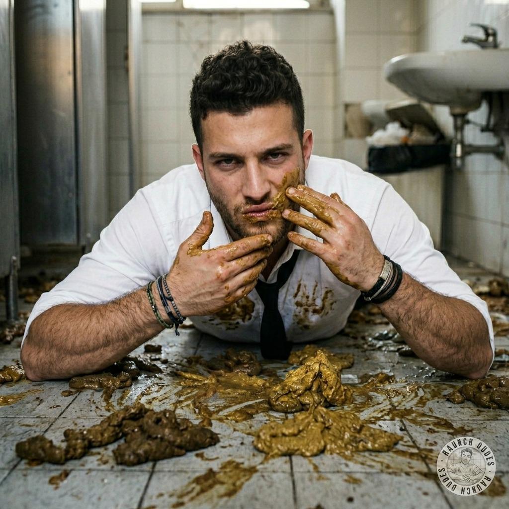 That sharp-suited twink kneels in the stall, smears his face with fresh dump from the floor, then grinds it into his tie...