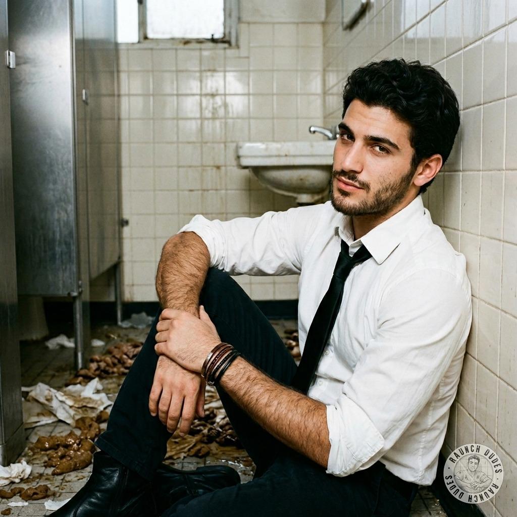 That sharp suit-clad twink is sitting pretty in a shit-smeared bathroom floor, legs spread wide, loving every filthy second...