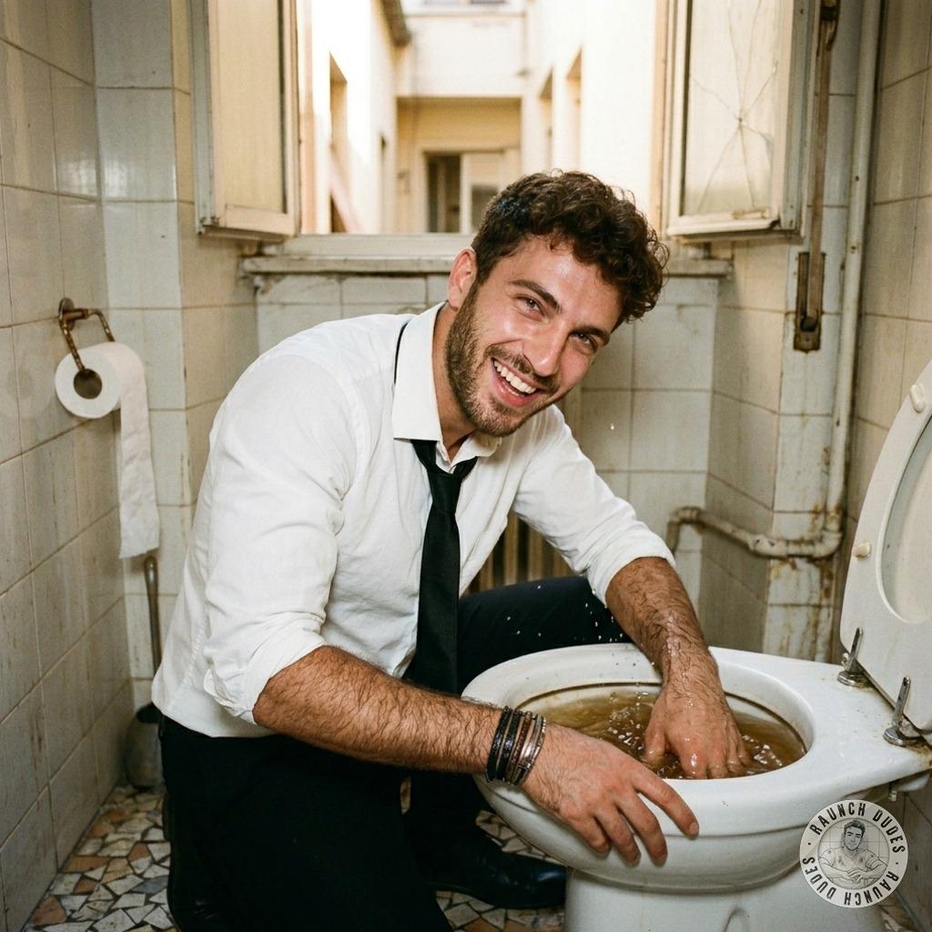 That sharp suit-clad twink scrubbing his face with filthy toilet water? Fuck, I’d let him choke me on that stinky dick of...