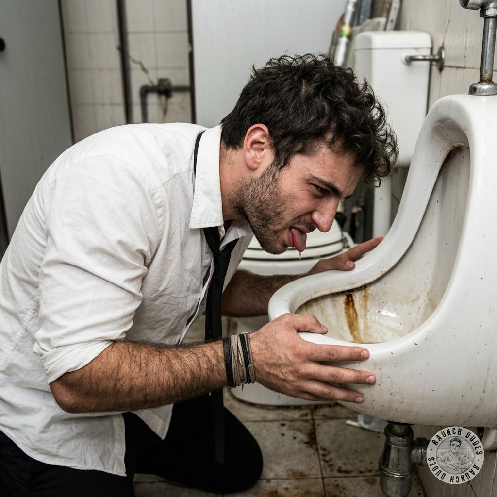 Dirty suit boy on his knees, tongue out, licking that filthy urinal like it’s his last meal. The stench of piss and grime...