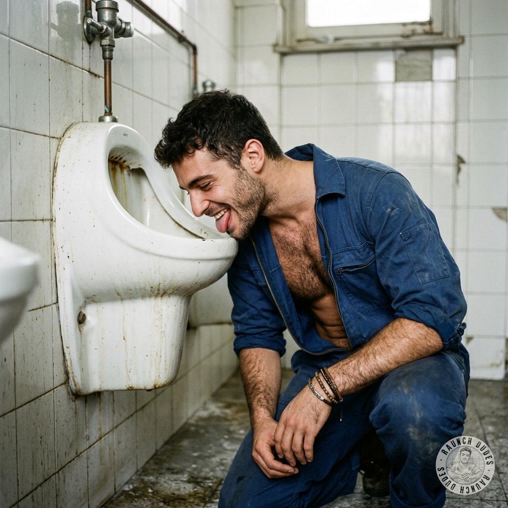 That filthy janitor slurps up the piss from the vespasiano, savoring every drop like it’s the sweetest nectar #workers...