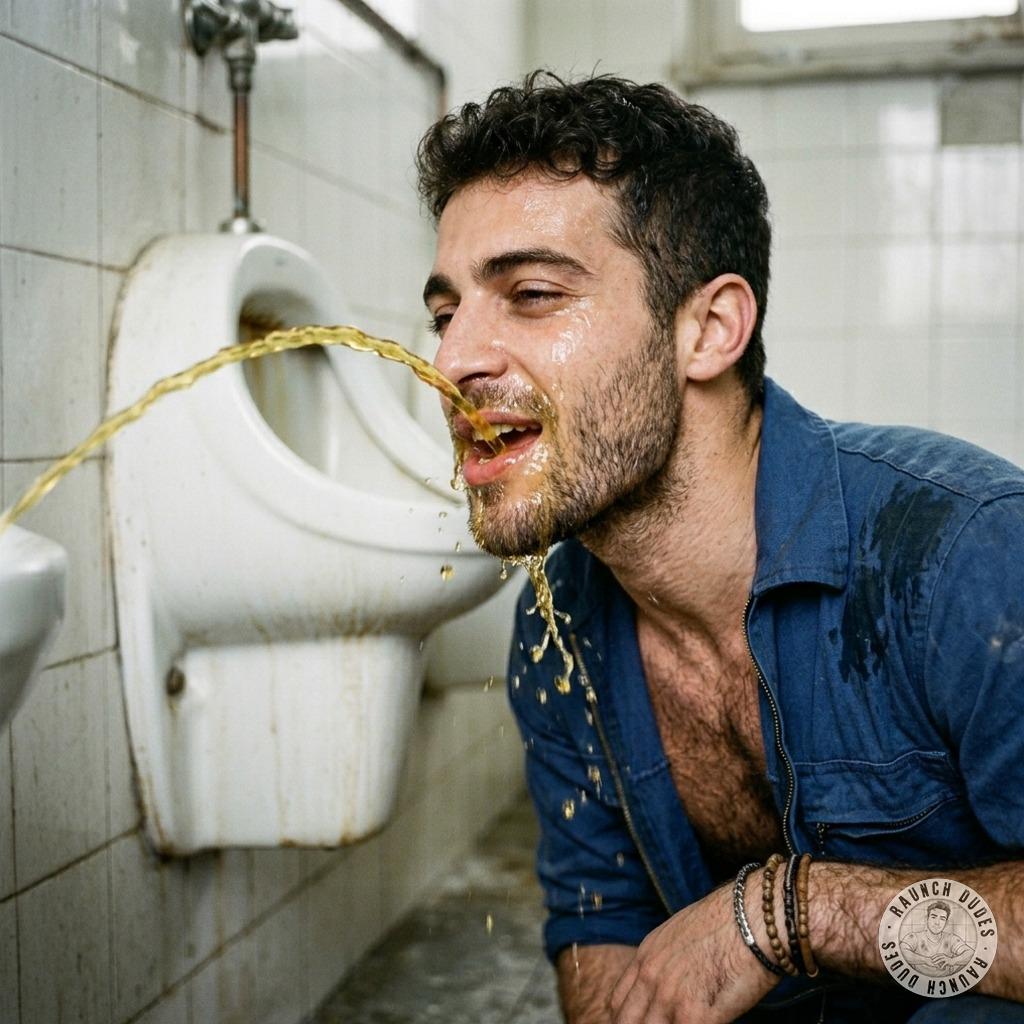 Inserviente gets his mouth drowned in warm piss while gagging on thick streams 😈💦 #gaypiss #toilet