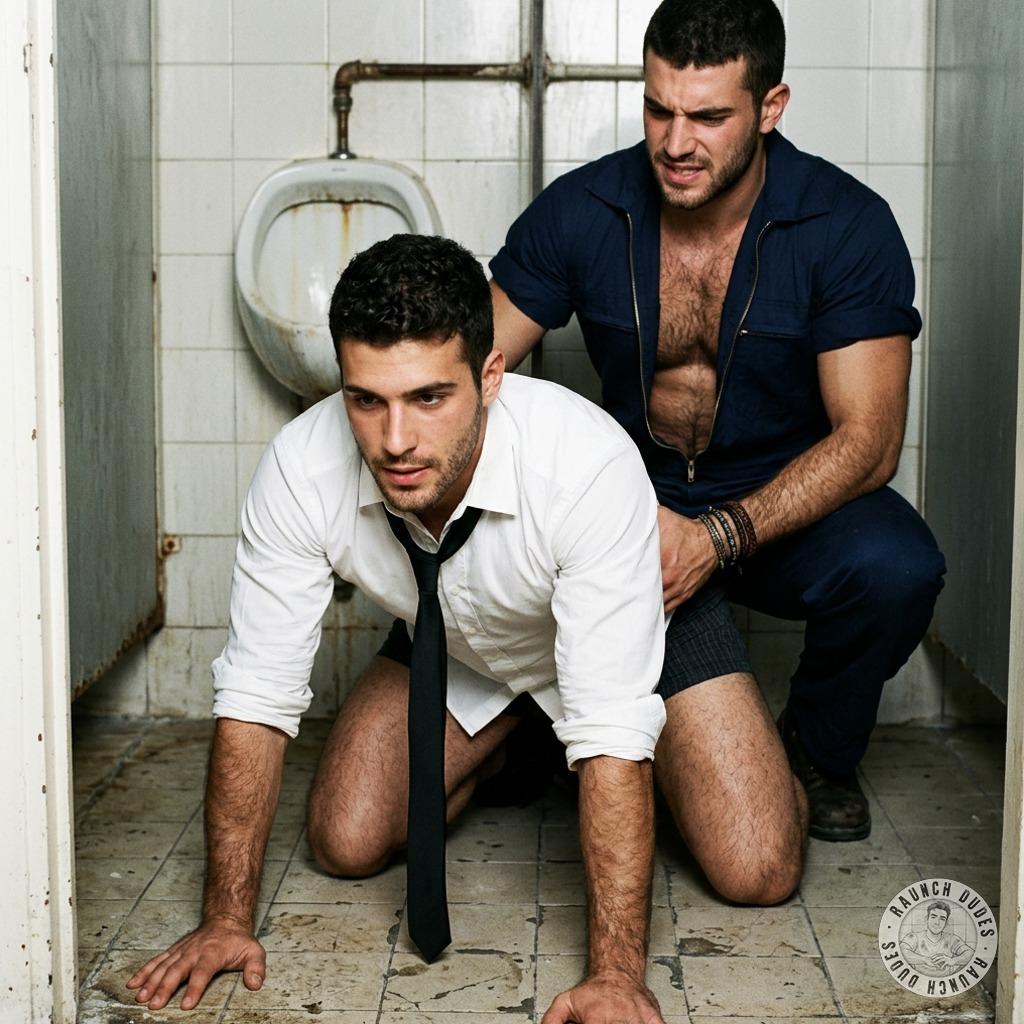 Boss in shirt & tie gets fucked raw by the janitor in the stinky stall #fetish #humiliation #submission #dominance #toilet...