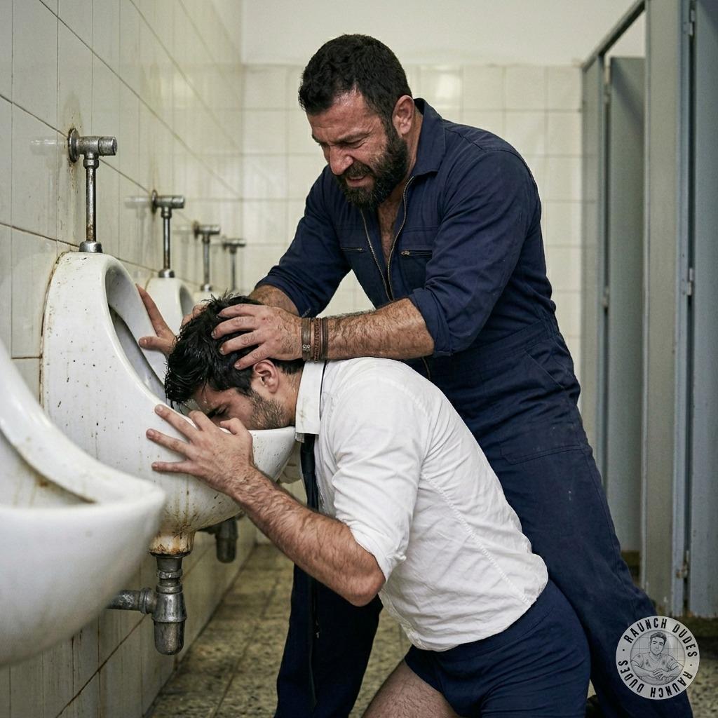 That crisp white shirt and tie? Fucking ruined by a janitor’s cock shoved up a piss drain while he’s face-fucked raw....