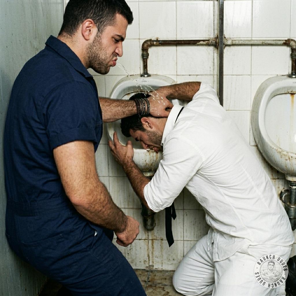 That sharp-suited office boy gets his face shoved in the urinal while the janitor fucks him raw #gayscat #workers...