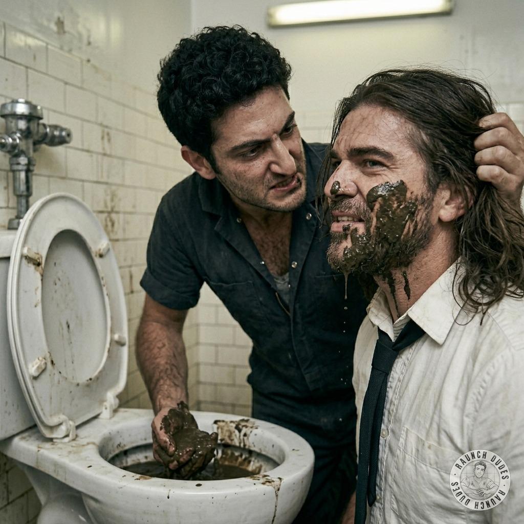 Inserviente smears shit all over a suited twink’s face while he gags on it, eyes watering from the stench #gayscat #toilet...