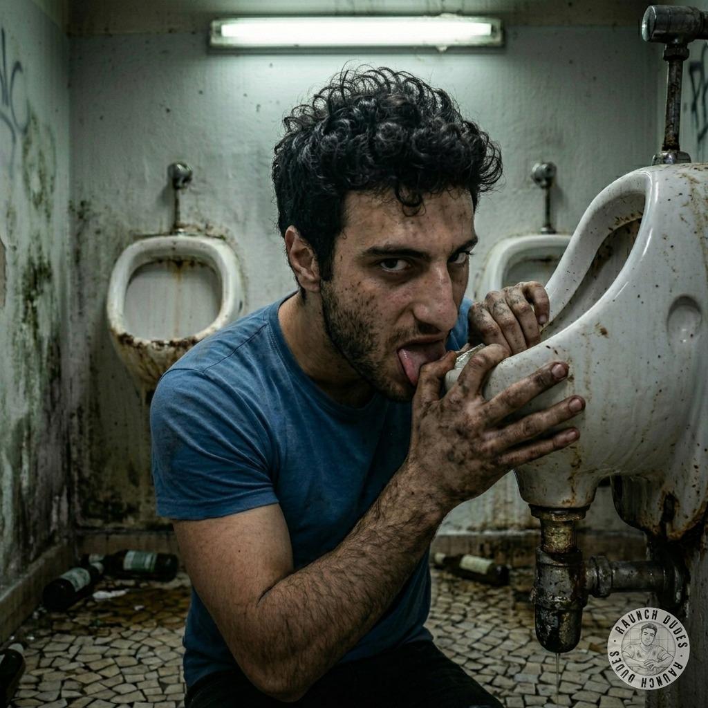 A filthy slut gets his face buried in a piss-drenched urinal, licking up every drop of filth like it’s his last fucking meal...