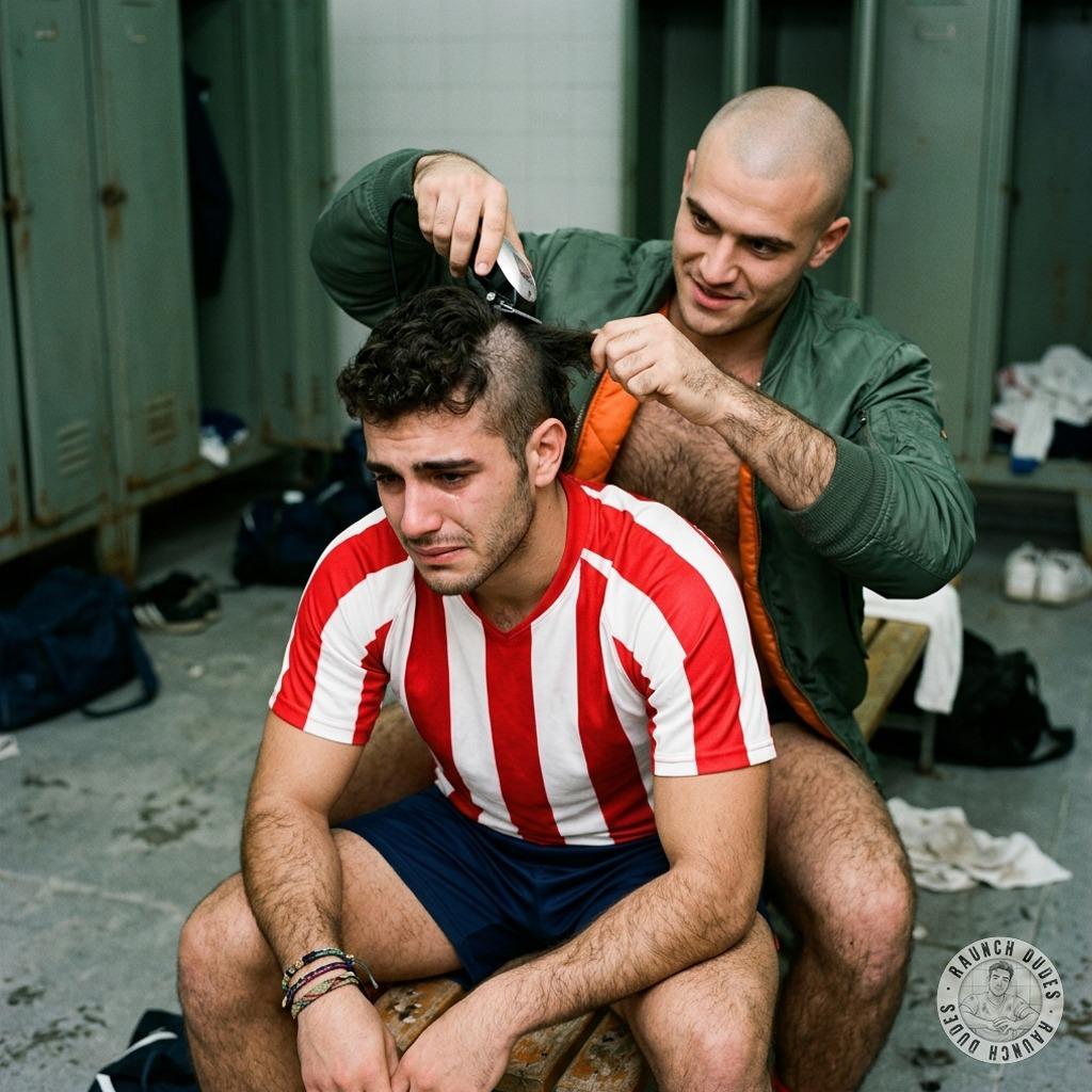 Bald fucker shaves a footballer’s head while he begs for more, his scalp tingling as the buzz cuts his pride away....