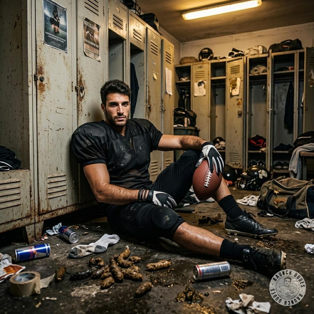 Quarterback dripping in shit, thighs glistening with filth, cock twitching in the stench. The locker room floor is his...