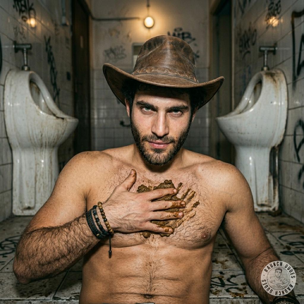 That rugged cowboy slathered his chest in fresh, warm shit—smelling like a barn after a long ride, his filthy hands smearing...