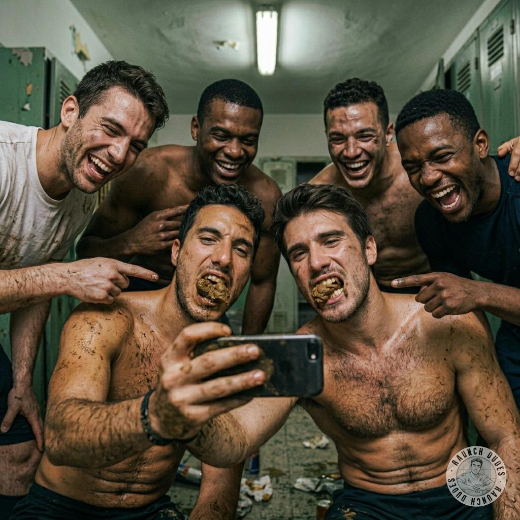 Two football players snap a hot selfie while shoveling shit in the locker room, their teammates watching as they stuff their...
