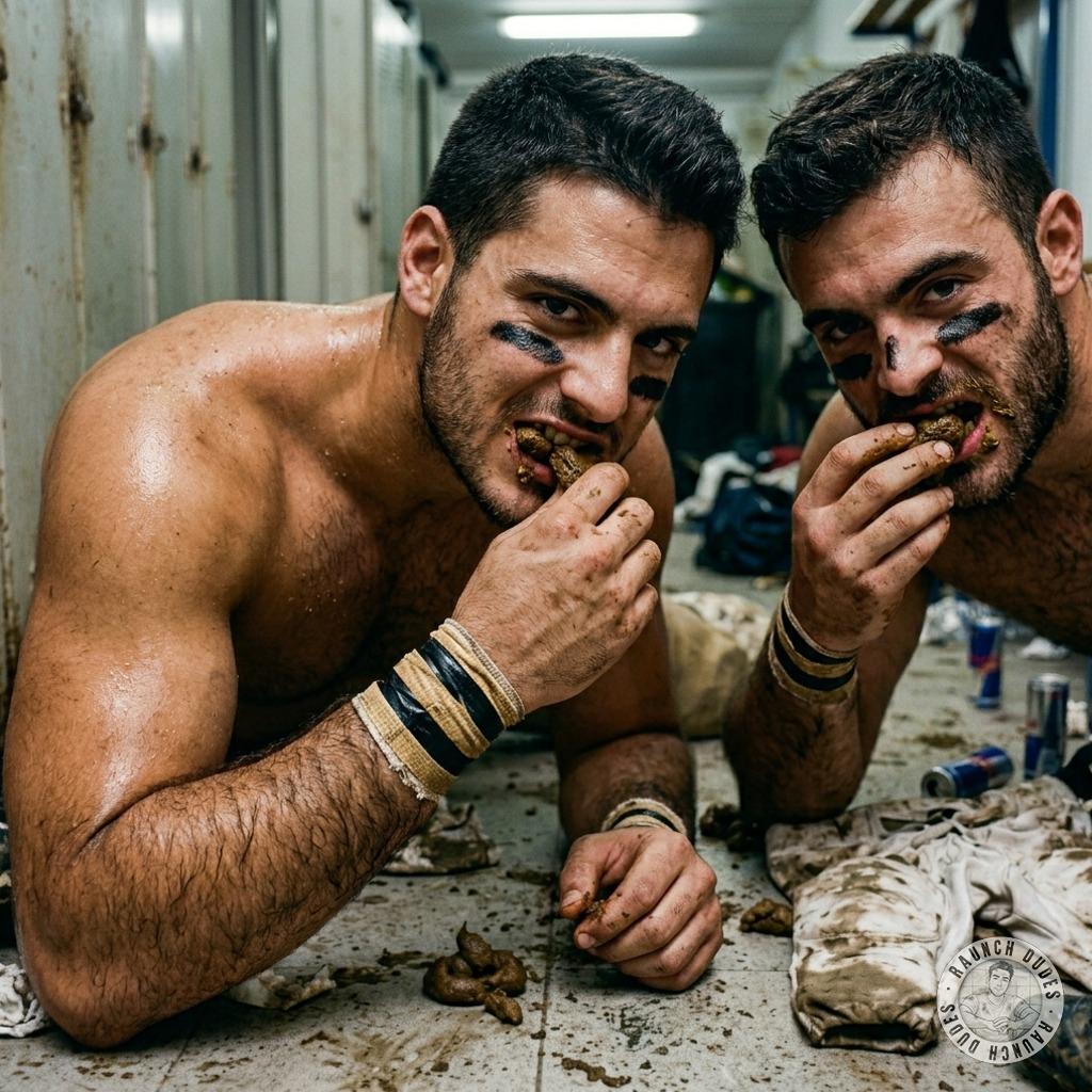 Two football players shove each other’s faces in the shit in the locker room, getting filthy while they choke on the stinky...