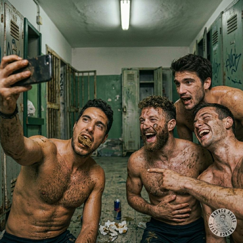 Fuck yeah, the football jock just snapped his hot selfie while gobbling shit in the locker room with his teammates watching...