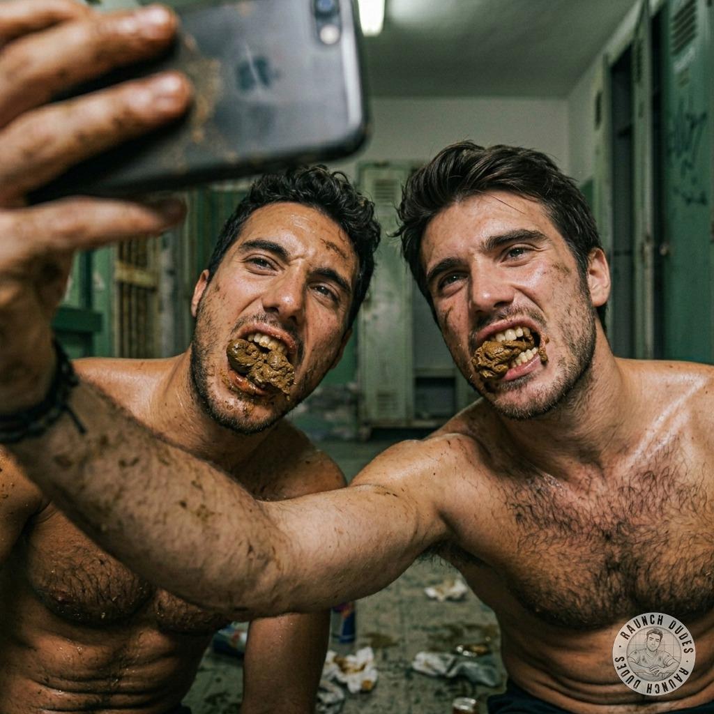 Due calciatori si fanno selfie mentre mangiano merda negli spogliatoi #selfie #lockerroom #rough #hairy