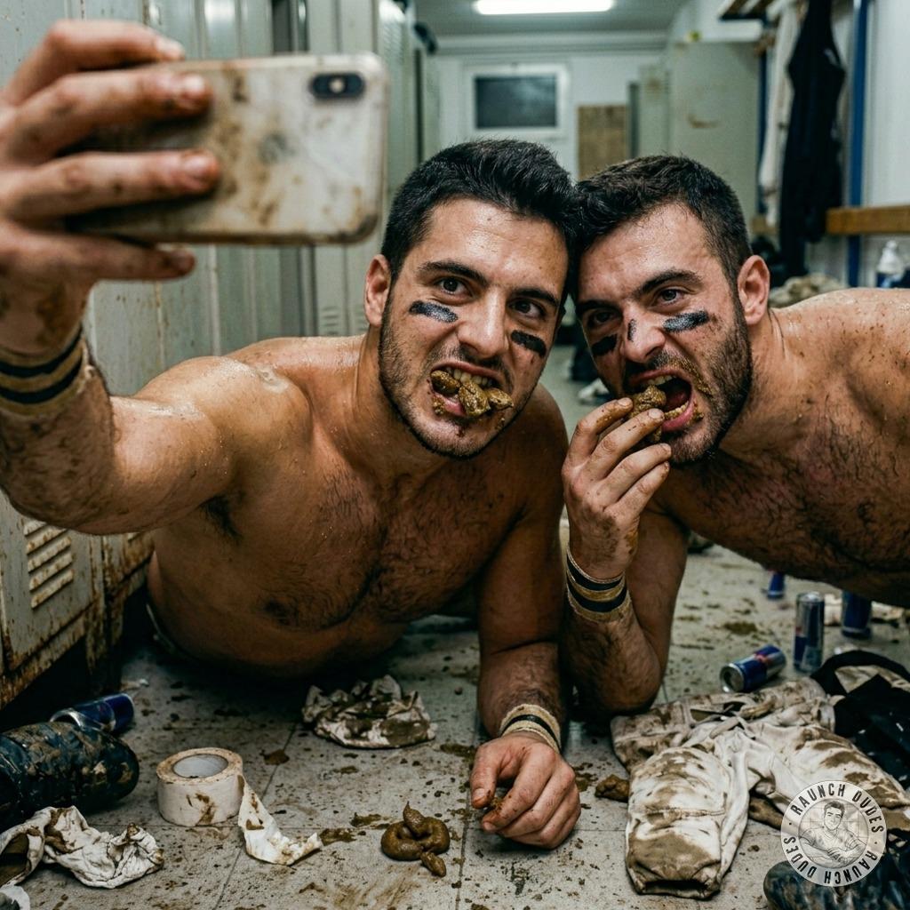 Two football players snap a selfie while shoveling shit in the locker room, grinning like it’s the hottest fucking thing...