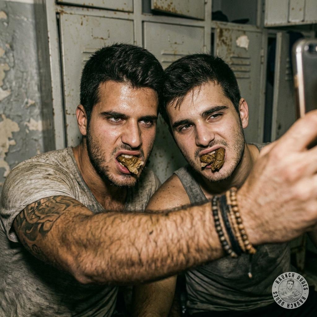 Two dudes snapping a hot selfie while shoveling that warm, creamy shit down their throats 🤤📸 #gayscat #selfie #hairy