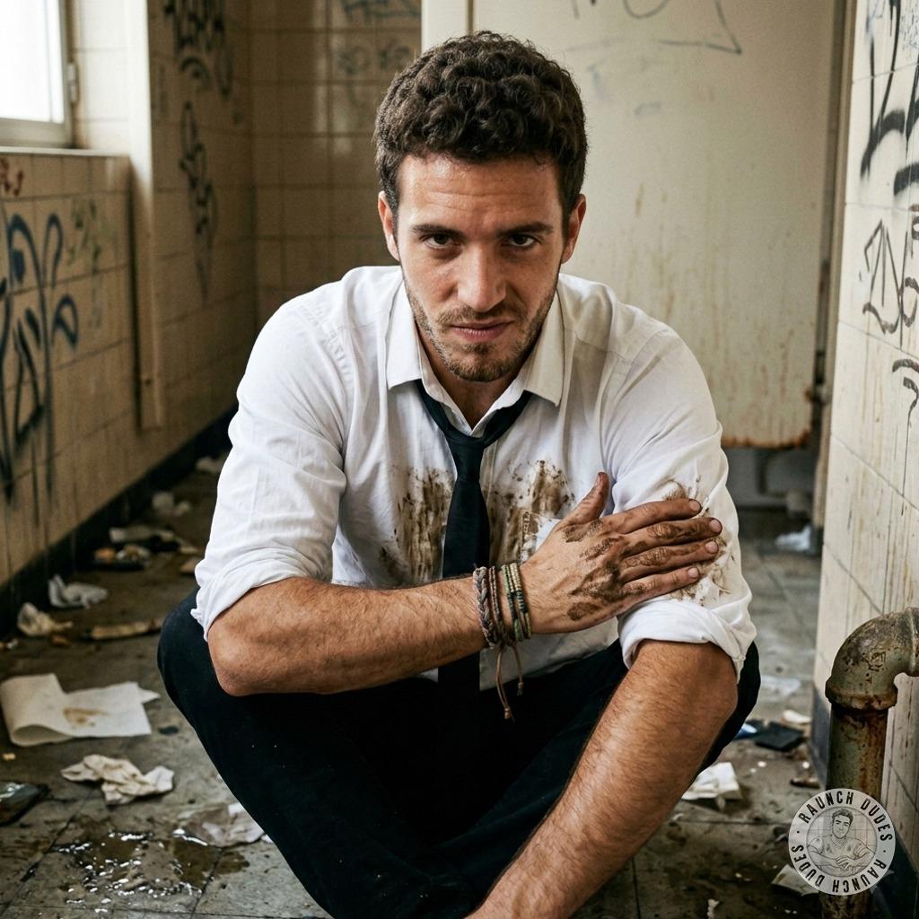 That pervy bitch smears shit all over his crisp white shirt in a public toilet, leaving sticky brown streaks as he grins...