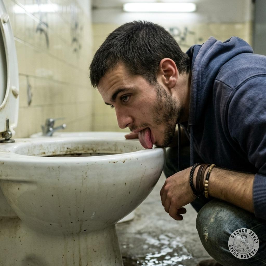 Dirty little piglet gets his face buried in a filthy public toilet bowl, licking up every last drop of grime like it’s the...
