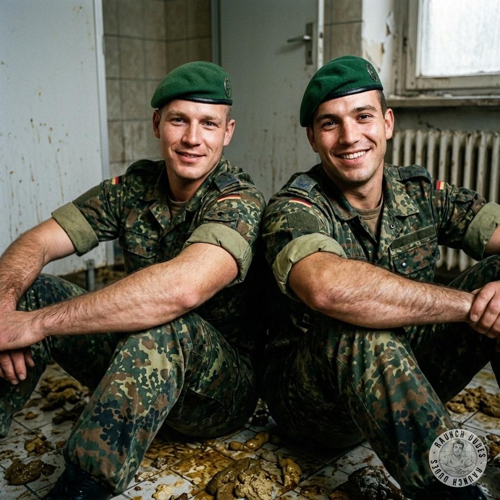 Two dudes in fatigues, knees deep in shit, sharing a filthy moment that’s got my cock harder than a bootcamp drill. #gayscat...
