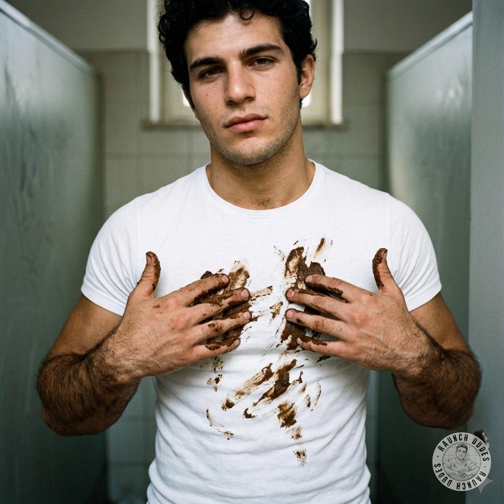 That filthy twink slathered shit all over his shirt in a public bathroom, rubbing it in like he’s begging to be fucked raw...