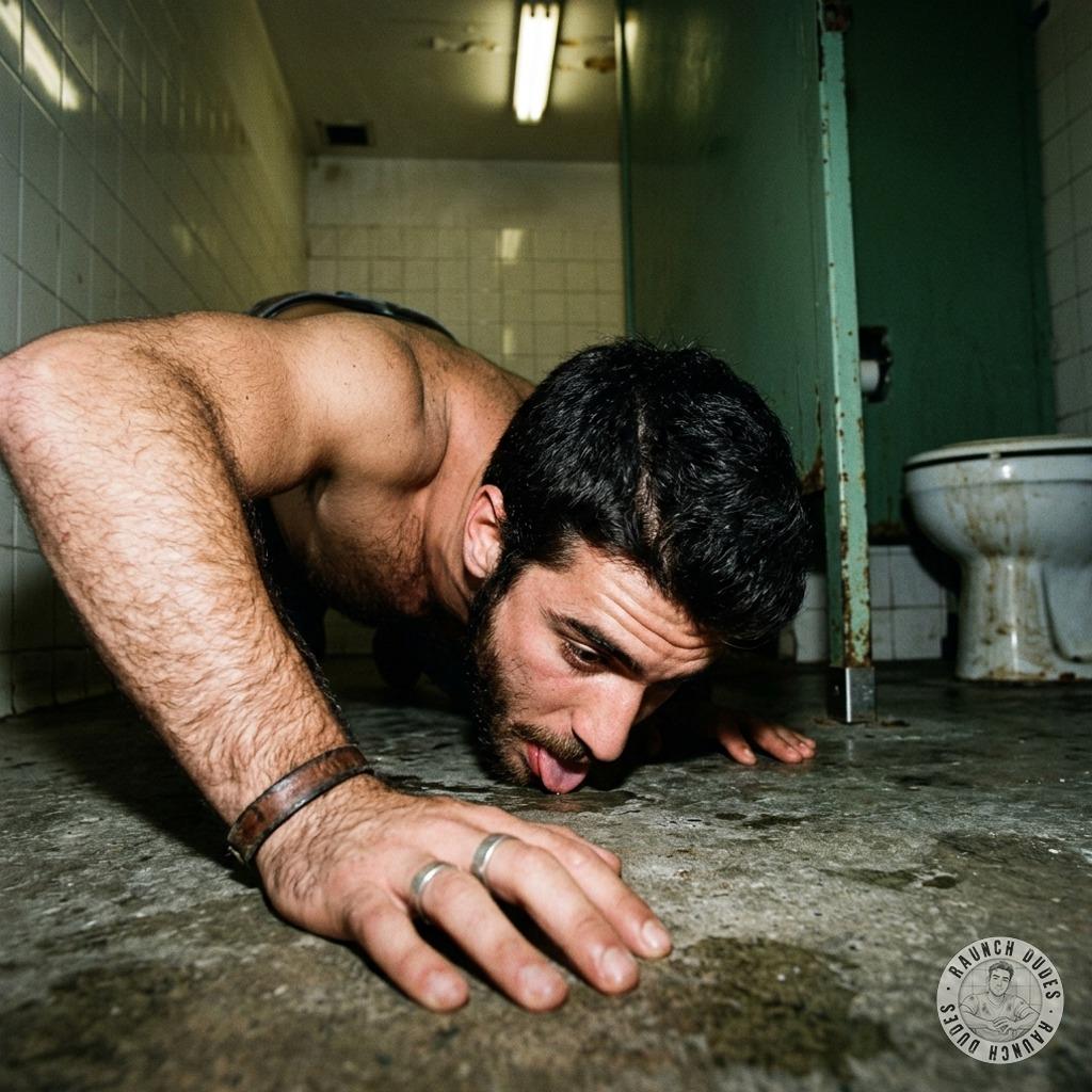 That filthy little twink licks the grimy bathroom floor, savoring every last drop of piss and grime, his tongue dragging...