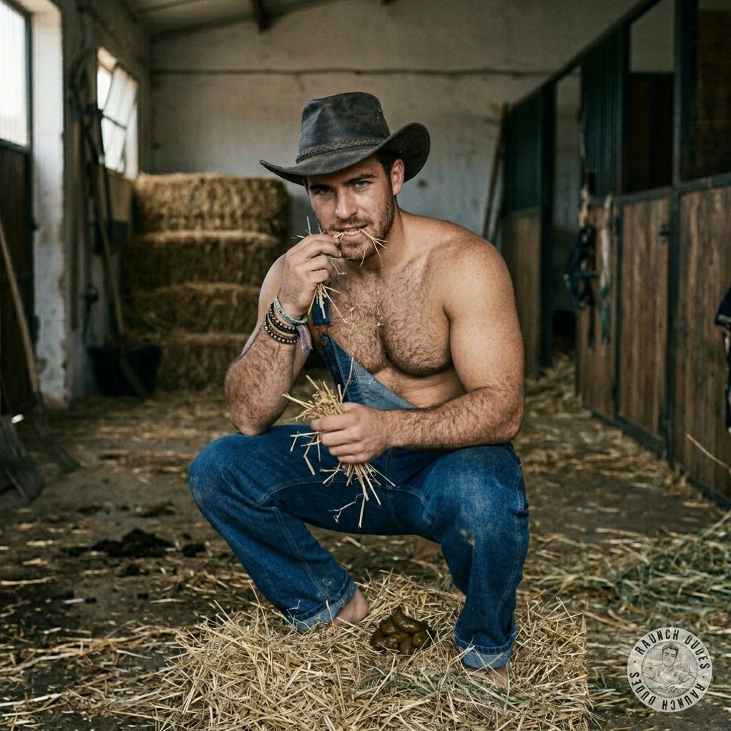 That rugged cowboy just dropped a steaming load in the barn, filling the air with that thick, musky stench of fresh shit....