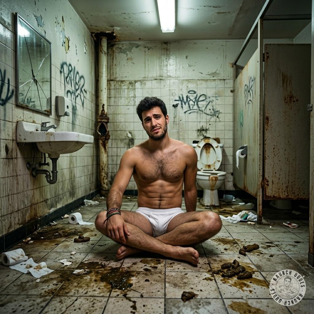That filthy public toilet seat is caked in warm, sticky shit—perfect for grinding your ass right into it. The stench of raw...