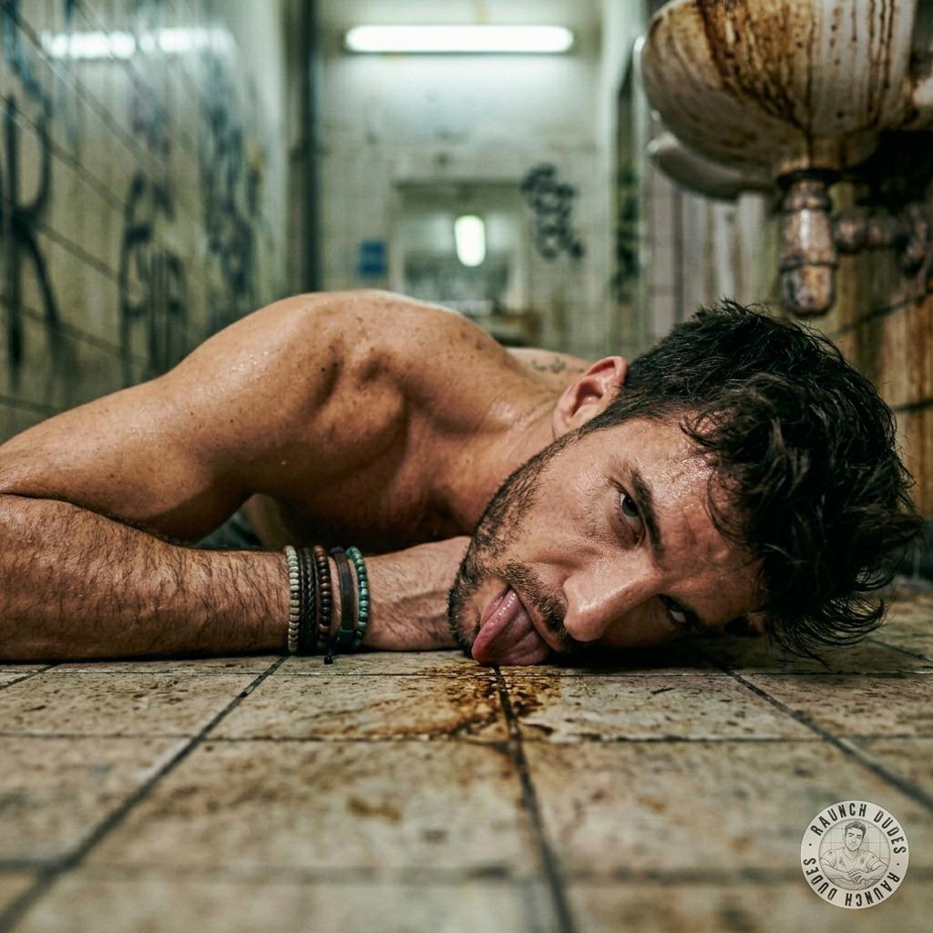 That hungry twink drops to his knees in a filthy public toilet, tongue out like a starving pup, licking up every last drop...