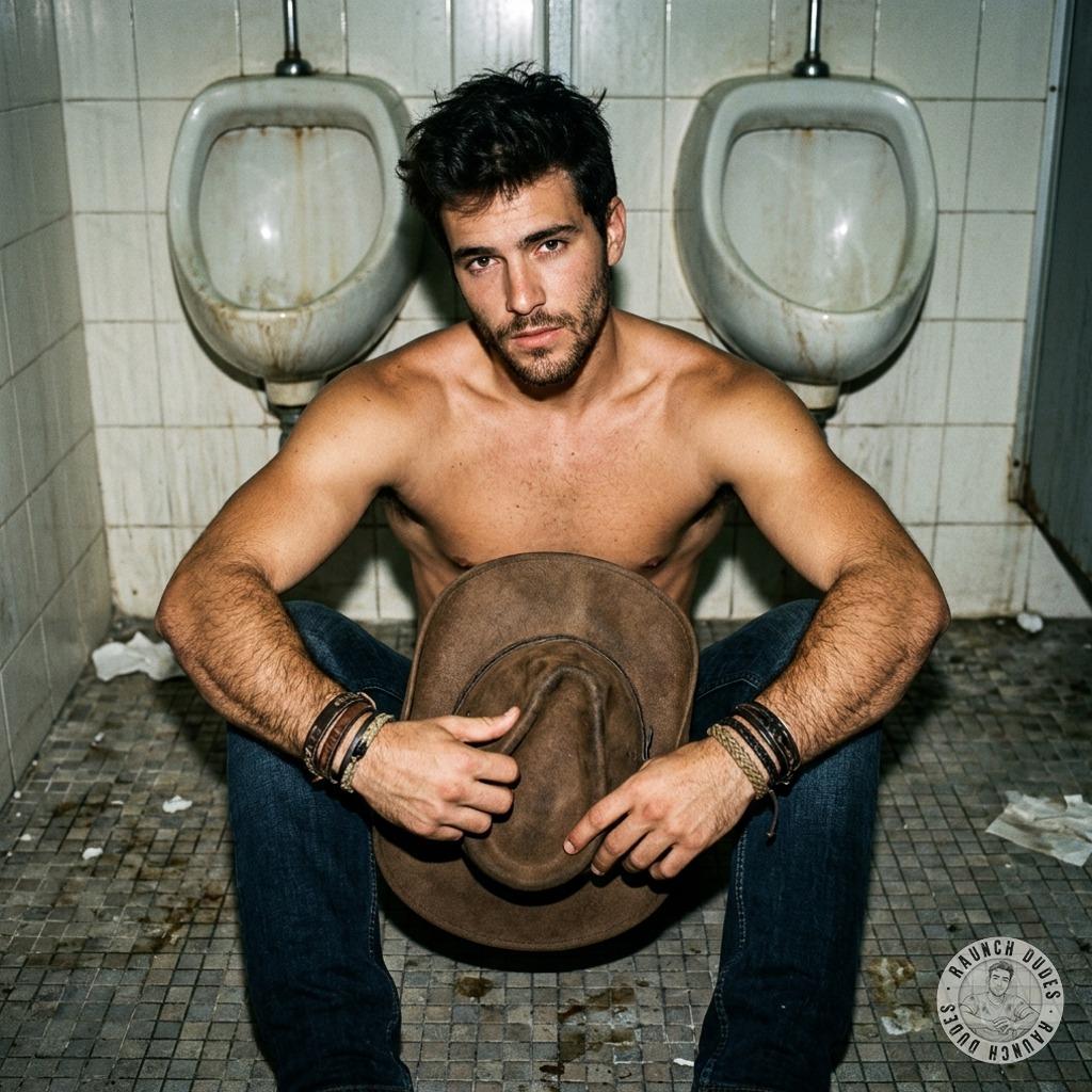 A beautiful cowboy sits on the floor of a public restroom, waiting for boys to ride him. #dirtycowboys #dirtyscouts...