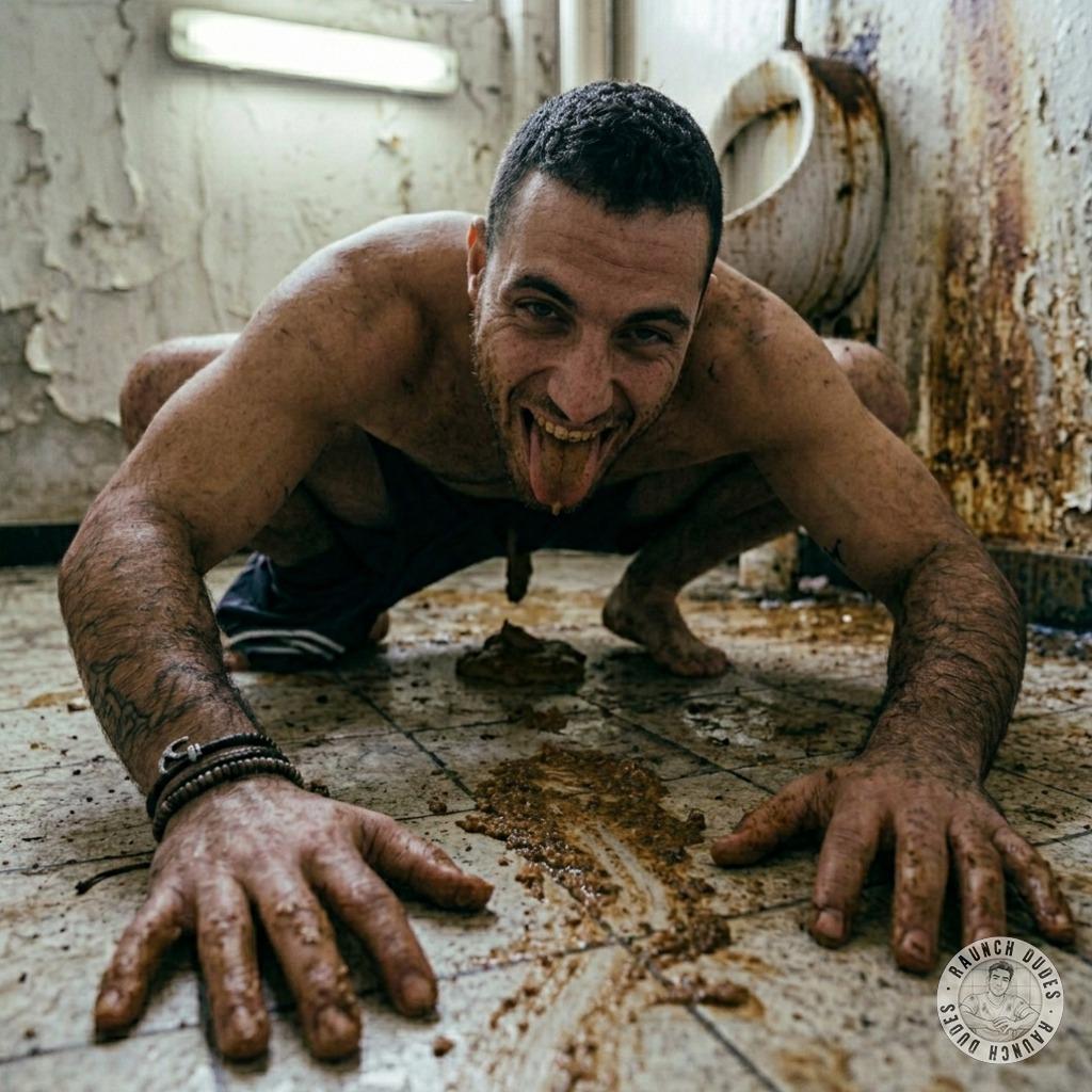 Watch that tight ass squat & drop a steaming load on the filthy floor, leaving a glistening brown mess for the next guy to...