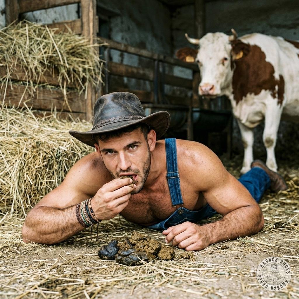 That farmer’s got a filthy fetish—kneeling in the barn, shoveling shit straight into his mouth like a hungry pig 🐷💩 #gayscat...