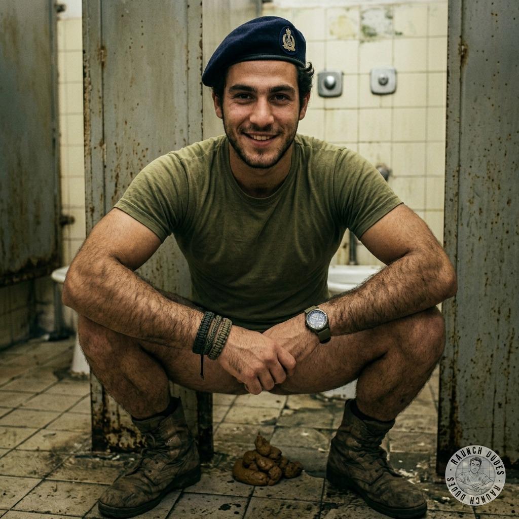 Military dude drops a steaming load on the public bathroom floor, leaving a glistening brown mess for some lucky bastard to...