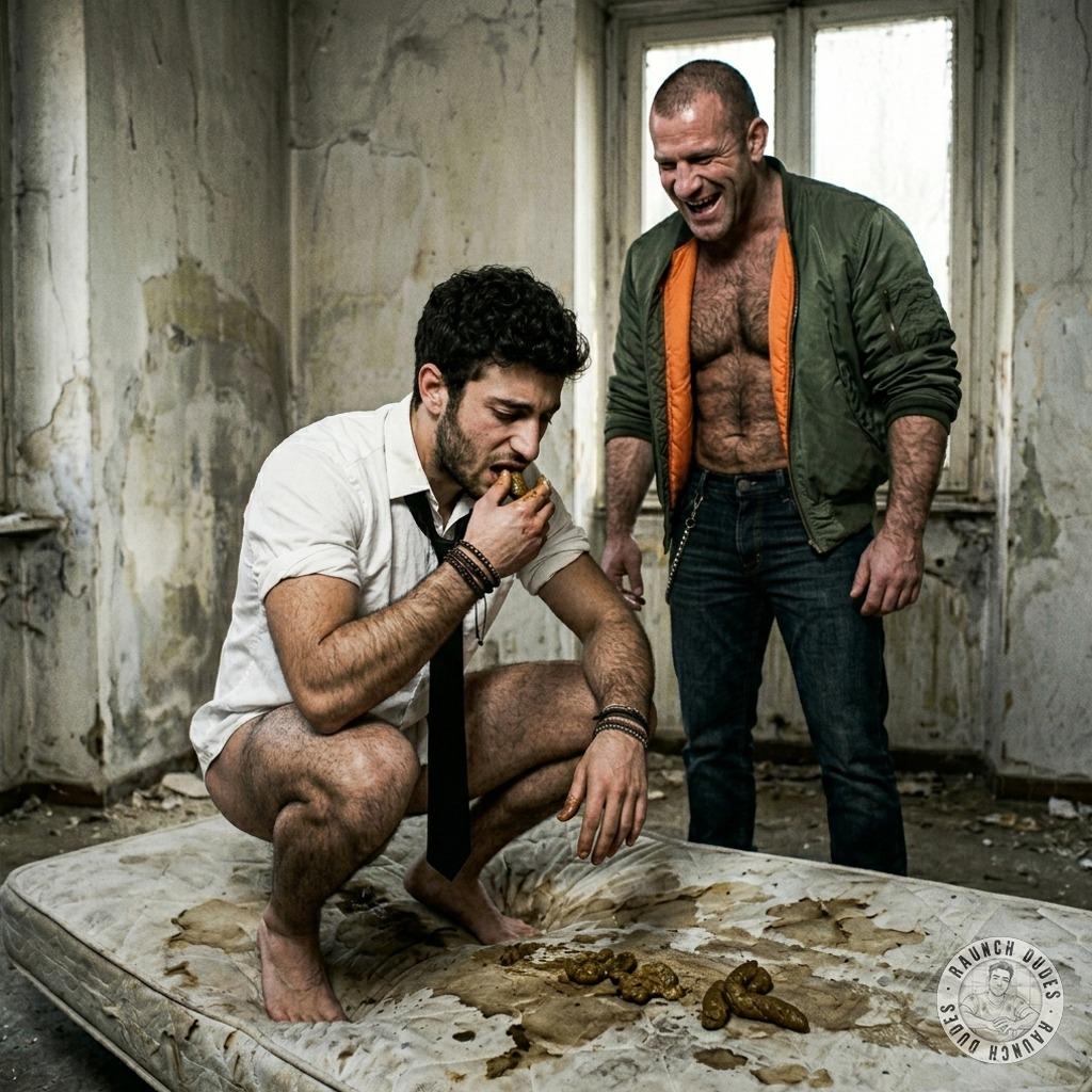 Forced to eat that warm, mushy shit he just dropped on the floor, the boy’s gagging but the skinhead’s got him by the...