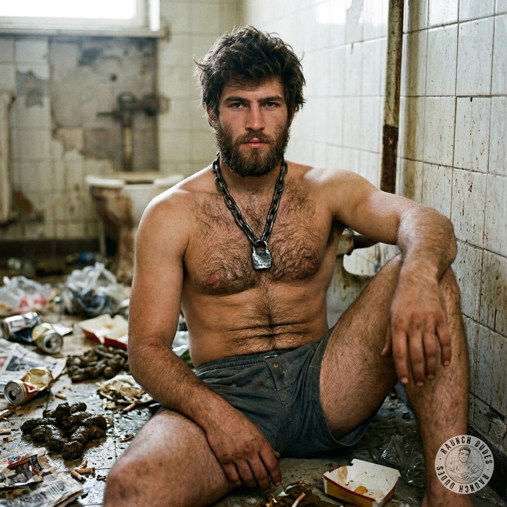 Squatting in a filthy stall, covered in warm, stinky shit while jacking off to the thought of getting face-fucked in this...