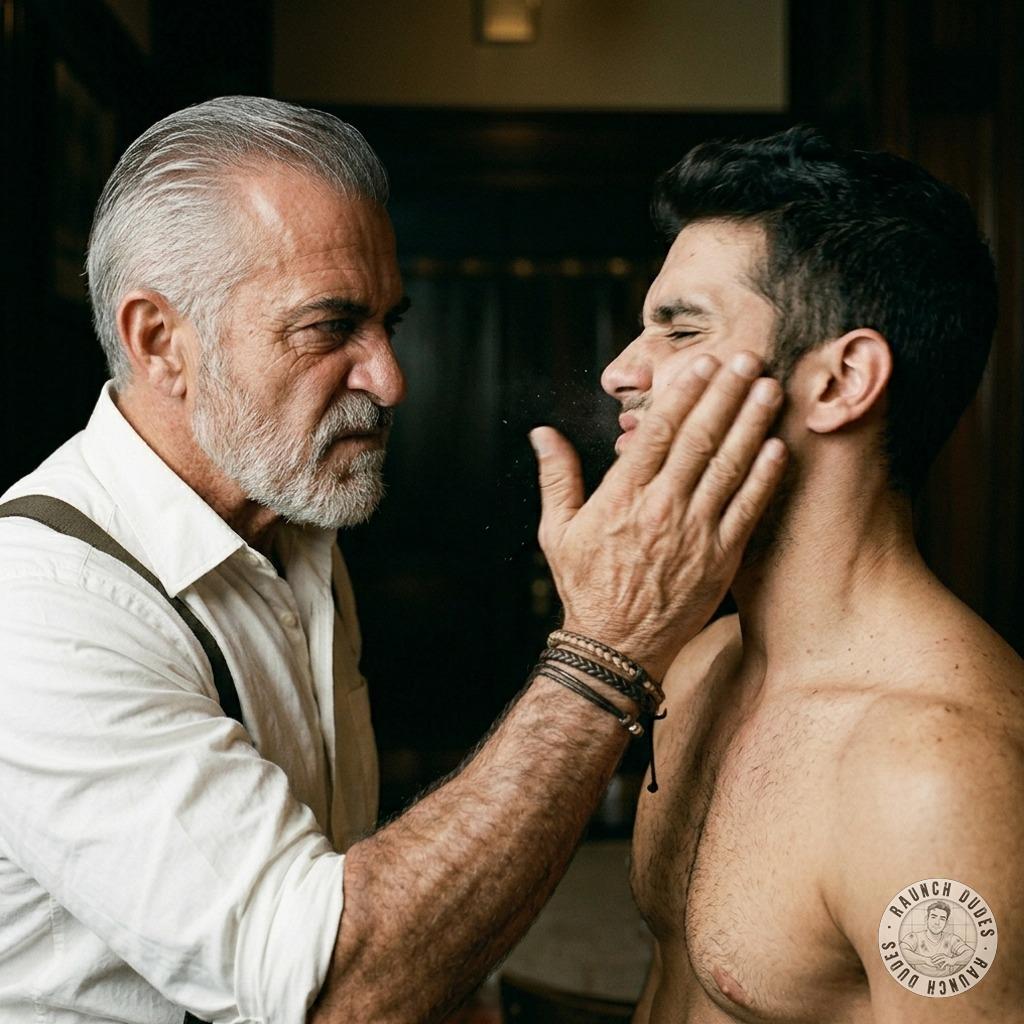 That mature daddy’s got a hand that stings like a bitch—slaps echoing off the walls while his boy whimpers, begging for more...
