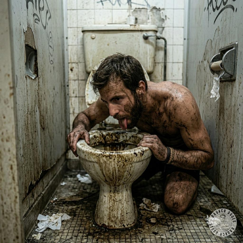 That filthy twink on his knees, tongue out, licking the rim of a public toilet bowl like it’s the sweetest cream pie 😈💦...