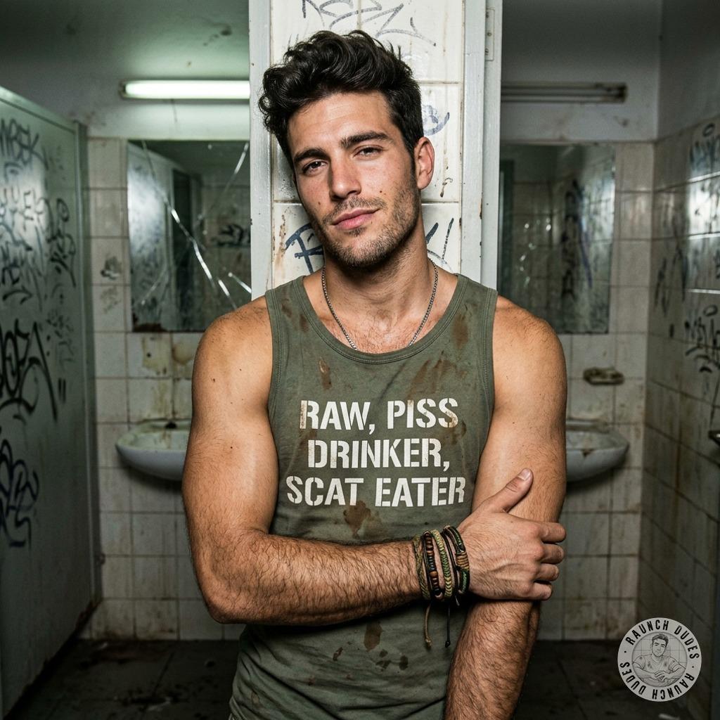 Raw, piss, scat eater in a public bathroom with that shirt on? Fuck yeah, he’s the king of filthy desires. Watch him get off...