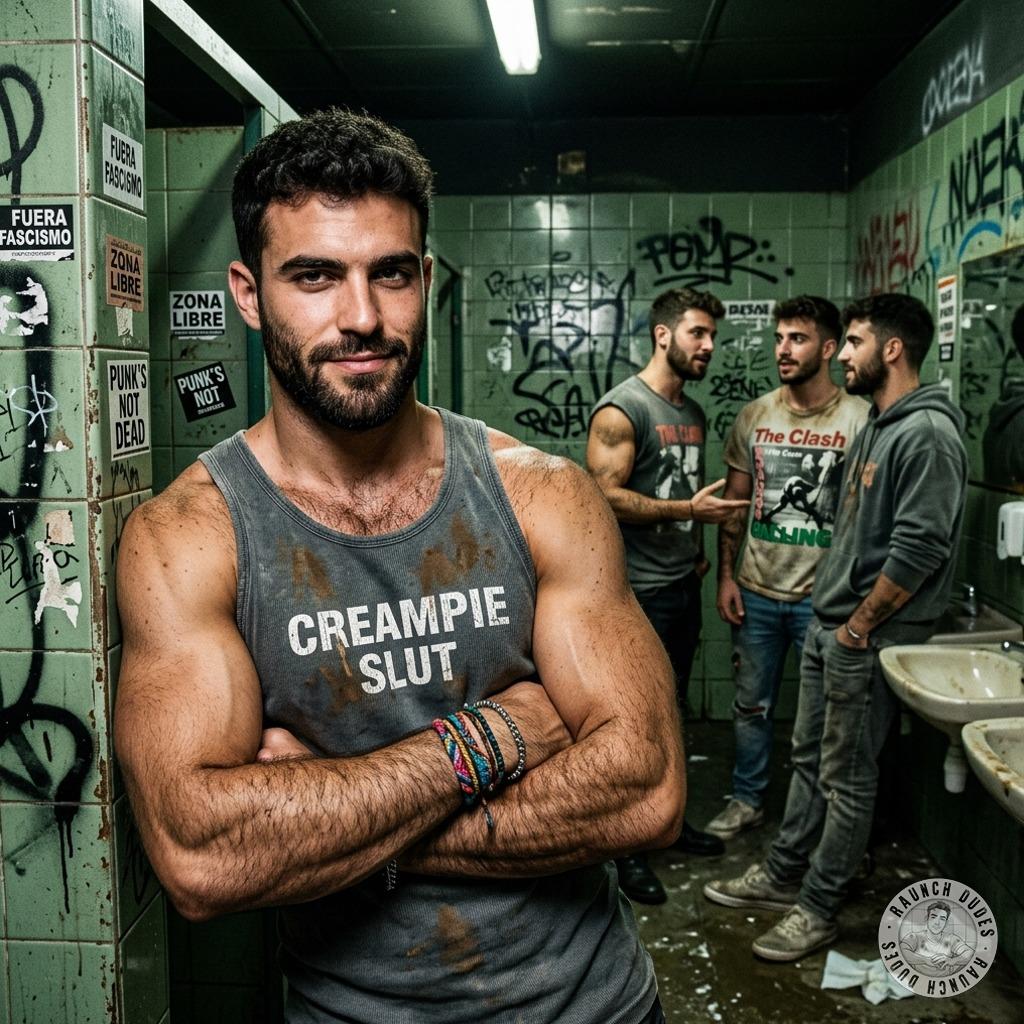 A pervert in a public bathroom, his "crempie slut" tee clinging to his sweaty body while he fingers his hole in the stall....