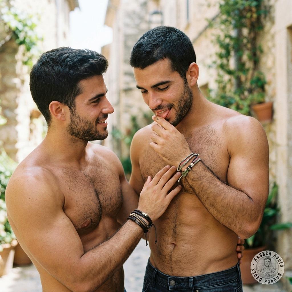 Two dudes making out like their lives depend on it, tongues wrestling, hands grabbing, cocks twitching in their tight jeans....