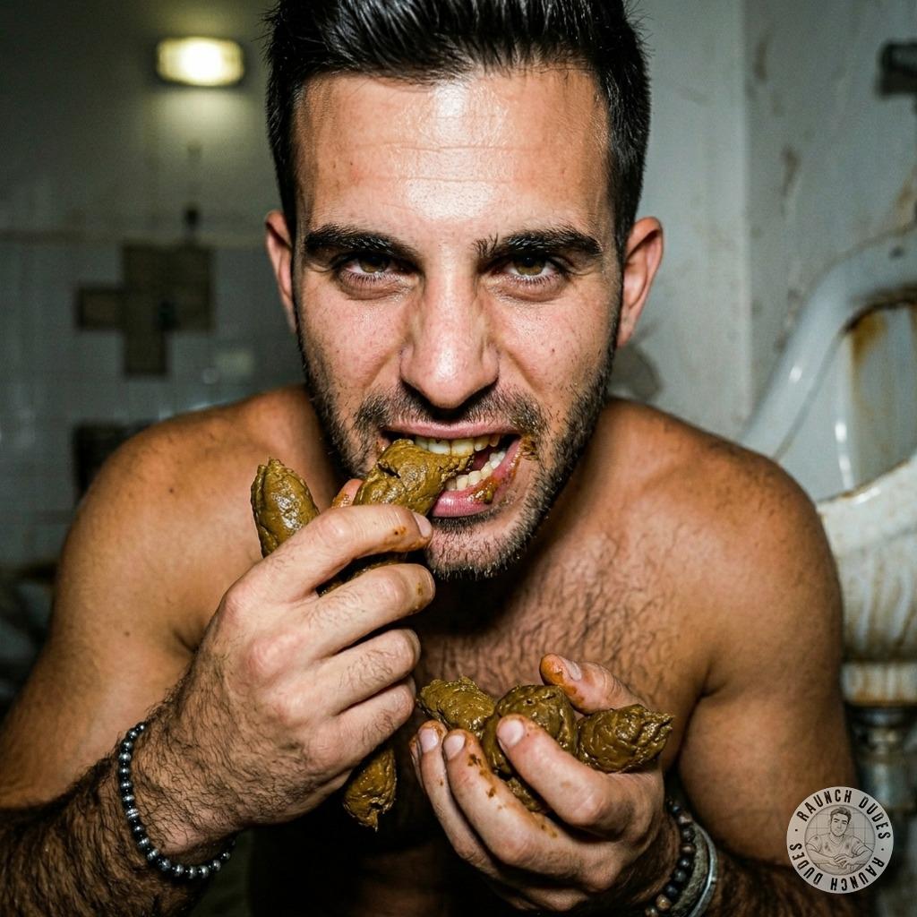 This dude’s on his knees in a filthy public bathroom, shoveling that warm, musky shit straight into his mouth like it’s the...