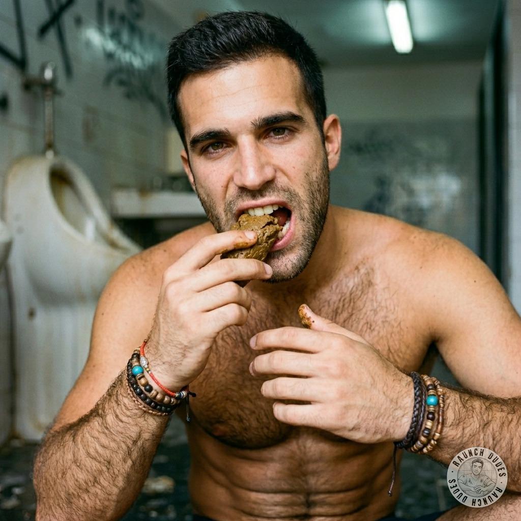 This dude’s on the floor of a public toilet, shoveling that warm, mushy shit straight into his mouth like it’s the tastiest...