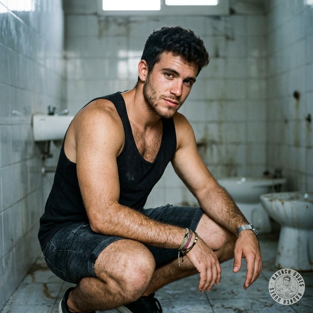 Squatting in a filthy public john, ass dripping with sweat and shame, fingers digging into the cracked tiles as I beg for a...