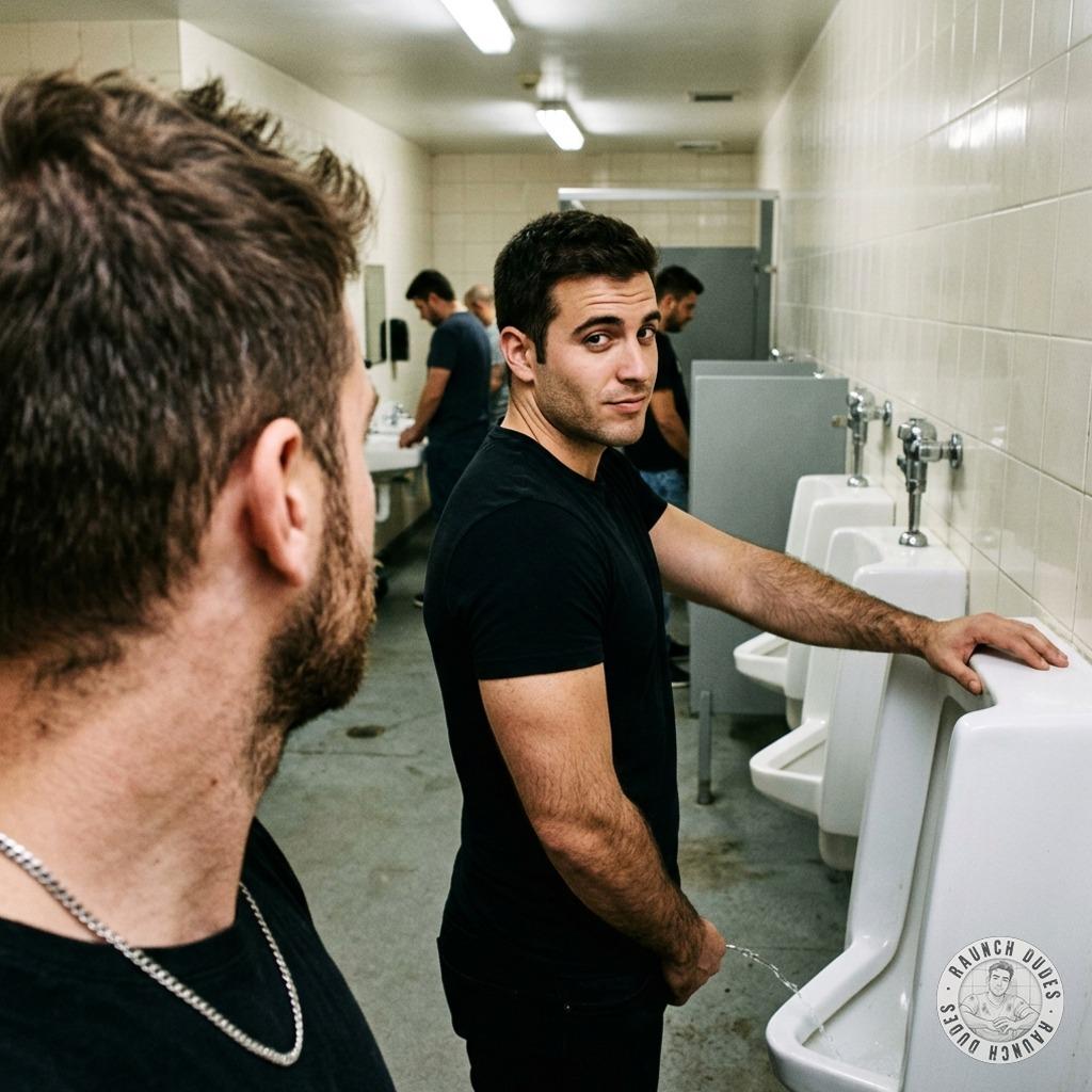 Watch that tight ass flex while he pisses all over the stall floor, his cock out, dripping golden streams all over the tiles...